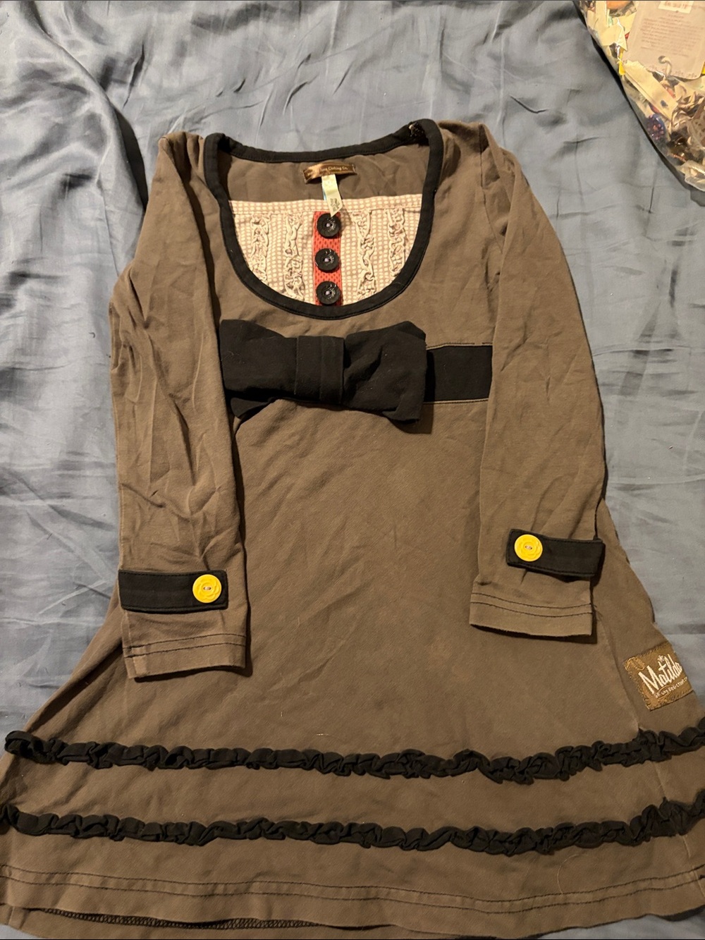 Matilda Jane Brown Dress with Black Bow and Yellow Buttons